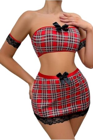 Women's School Girl Babydoll Lingerie Outfits Sexy Plaid Crop Tube Top and Mini Bodycon Skirt with Arm Ring