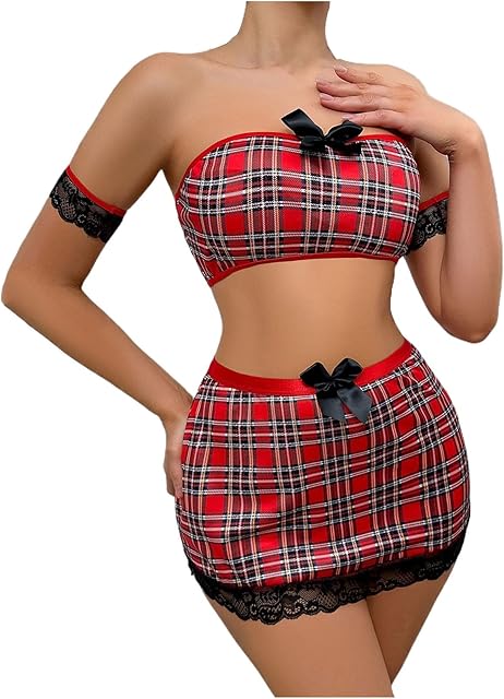 Women's School Girl Babydoll Lingerie Outfits Sexy Plaid Crop Tube Top and Mini Bodycon Skirt with Arm Ring