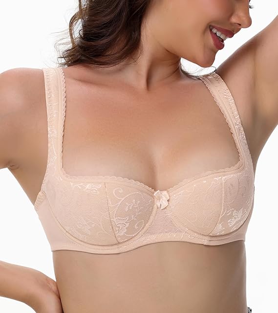 Women's Sexy Balconette Bra Lace Demi Half Cup Lightly Padded Underwire Low Cut Plus Size Bras Wide Straps