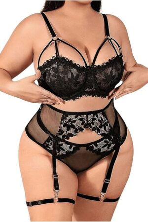 Women's Plus Size 5 Piece Mesh Sheer Floral Lace Underwire Garter Lingerie Set