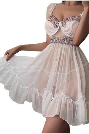 Babydoll Lingerie for Women Sexy Naughty Mesh Sheer Chemise Nightgown Erotic Pajama Dress Sets with Thongs