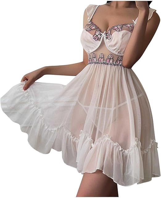 Babydoll Lingerie for Women Sexy Naughty Mesh Sheer Chemise Nightgown Erotic Pajama Dress Sets with Thongs