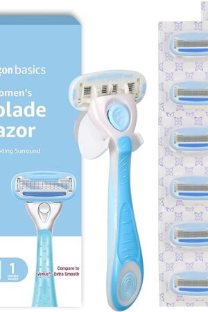Amazon Basics 5-Blade Razor Handle for Women, Includes 12 Cartridges and Shower Hanger, 14 Piece Set, Blue