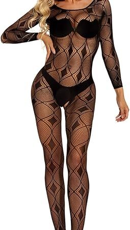 Women's Sexy Fishnet Pantyhose Bodysuit Stockings Long Sleeves Sheer Lace Mesh Full Body Stocking Babydoll Nightwear