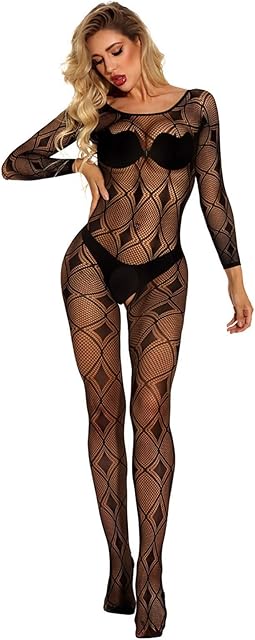 Women's Sexy Fishnet Pantyhose Bodysuit Stockings Long Sleeves Sheer Lace Mesh Full Body Stocking Babydoll Nightwear