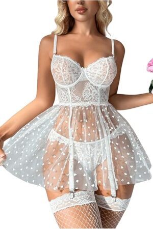 Women's 4 Piece Lace Mesh Garter Lingerie Set Underwire Babydoll Chemise Nightwear with Stocking