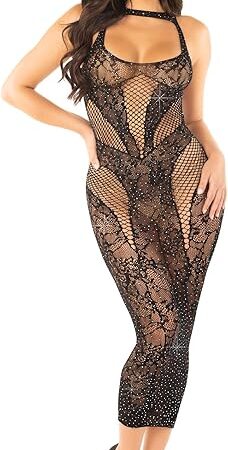 Womens Sweet Surrender Black Lace Dress Rhinestone Lingerie Dress for Women, BLACK, O/S