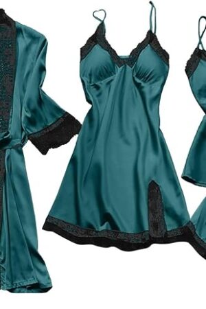 Women's Silk Lingerie Pajamas 4 Piece Set Lace-Trim Belted Robe Camisole Dress Sleepshirts Shorts Suit Sexy Sleepwear