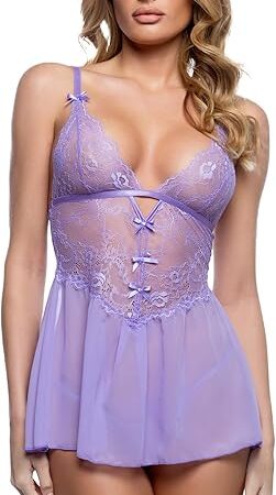 Babydoll Lingerie for Women | Roma Confidential Paradise Dream Sexy Baby Doll Set, Women's Chemises & Negligees Lace Lingerie Dress with Plunge Bralette Cups, Chiffon Skirt, Satin Trim, Matching Thong