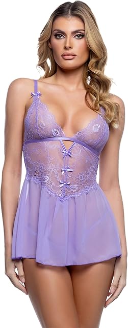Babydoll Lingerie for Women | Roma Confidential Paradise Dream Sexy Baby Doll Set, Women's Chemises & Negligees Lace Lingerie Dress with Plunge Bralette Cups, Chiffon Skirt, Satin Trim, Matching Thong