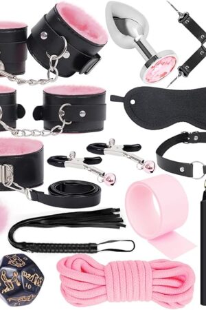 BDSM Bondage Sex Toys Restraints - 16 Kit Gear for Ball Gag Sex Whip Cuffs Rope Collar Blindfold Leash Low Temperature Candles Dice Anal Plug (Pink)