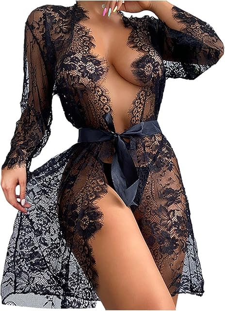 Bridal Lace Lingerie for Women Sexy Short Robes See Thru Lingerie Kimono Robe Sheer Babydoll Nightgown Nightdress