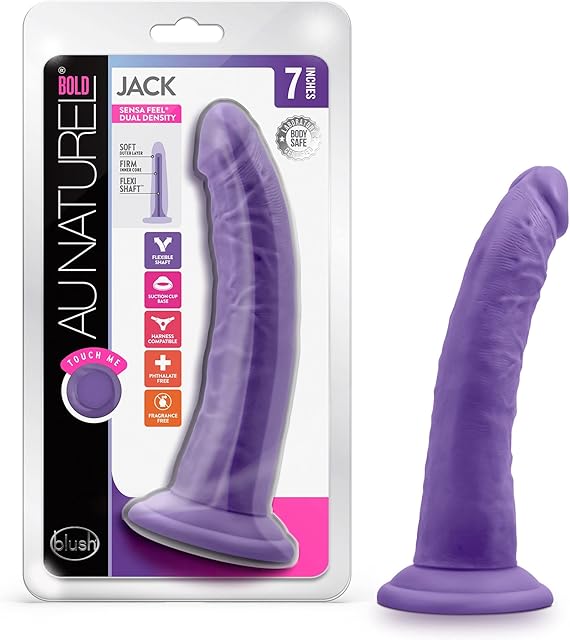 Blush Novelties Au Naturel Bold Jack Realistic 7 Inch Suction Cup Harness Compatible FlexiShaft Sensa Feel Dildo Sex Toy for Men Women Couples Purple