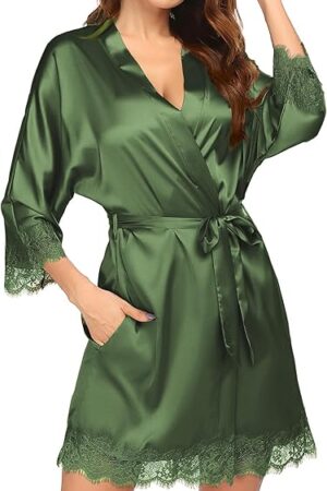 Women's Silk Robe Short Lace Trim Satin Kimono 3/4 Sleeve Sexy Bride Comfy Sleepwear With Pockets