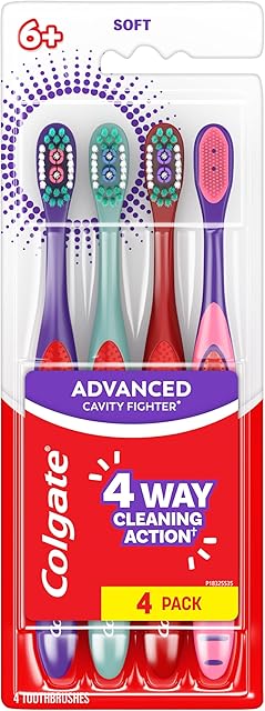 Colgate Extra Soft Kids Toothbrushes, Advanced Cavity Fighter Kids Toothbrush Pack, Extra Soft Bristles Help Remove Plaque and Stains for a Gentle Clean, for Children Ages 6 and Up, 4 Pack