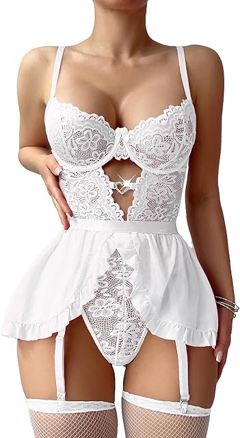 Women Lingerie with Garter Belt 4pcs Set Lace Contrast Mesh Bodysuit Ruffle Garter Belt Skirt 2 Pairs Stockings