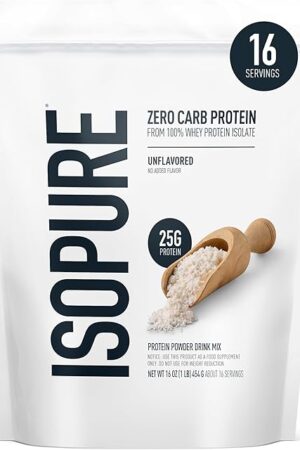 Isopure Zero Carb 100% Pure Whey Isolate Protein Powder, Lactose Free, Gluten Free, With Vitamins, Unflavored, 25g Protein Per Serving, 1 Lb, 16 Servings (Packaging May Vary)
