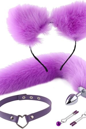 Fox Tail Anal Plug Collar and Nipple Clamps Cat Ears Butt Plug Stainless Steel Anal Plug for Women Costume Props