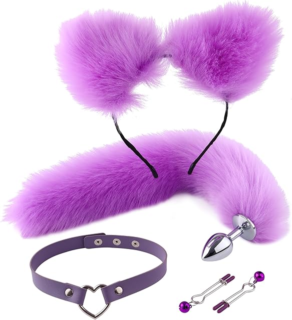Fox Tail Anal Plug Collar and Nipple Clamps Cat Ears Butt Plug Stainless Steel Anal Plug for Women Costume Props