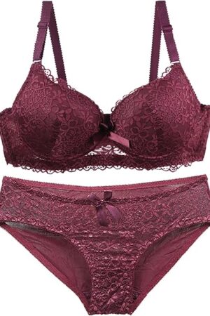 Women Push Up Lace Embroidery Bras Set Sexy Underwire Lace Lingerie Bra and Panties 2 Piece Lifting Gathered Bralette