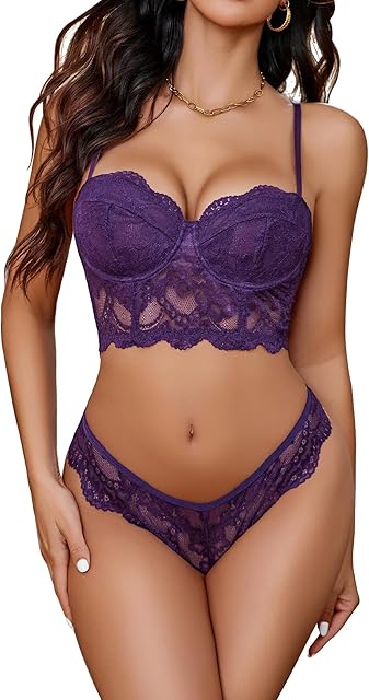 Lace Lingerie Set for Women 2 Piece Bra and Panty Sets V Neck Corset Tops Nightwear (Purple, XX-Large)