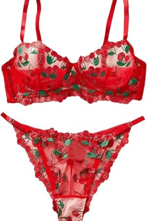 Women's 2 Piece Lingerie Set Babydoll Cherry Sexy Sheer Mesh underwire Bra and Panty Thong Nightwear Sets
