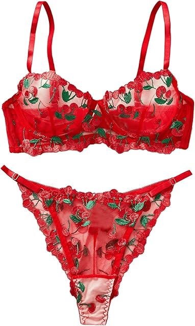 Women's 2 Piece Lingerie Set Babydoll Cherry Sexy Sheer Mesh underwire Bra and Panty Thong Nightwear Sets