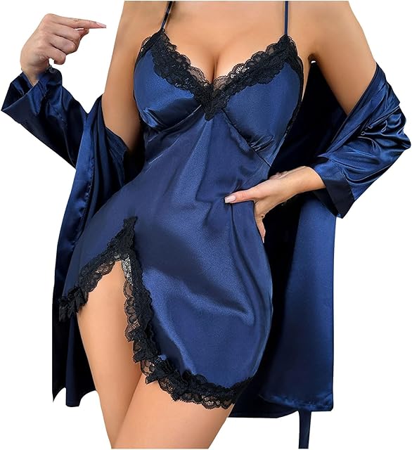 Women's Satin Robe Set 2 Piece Silk Lingerie Pajamas Sets Lace Side Slit Cami Nightgown with Kimono Robes Nightwear