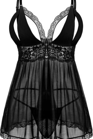 Women Plus Size Lingerie Set Sexy Lace Babydoll Lingerie Dress Chemise Sleepwear with Thong