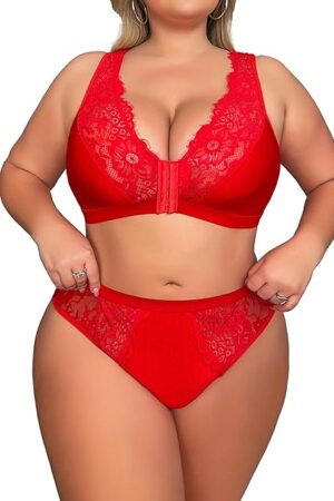 Women's Plus Size 2 Piece Lingerie Set Sexy Sheer Bralatte 3/4 Cup Bra Panty Sets Super Stretchy Lace Underwired