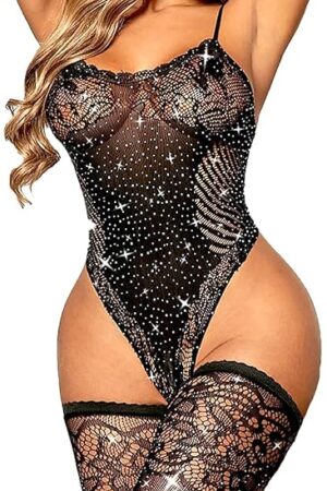 Women Fishnet Bodysuits Mesh Bodystocking Sparkle Rhinestone Bodycon Jumpsuit with Thigh High Stockings