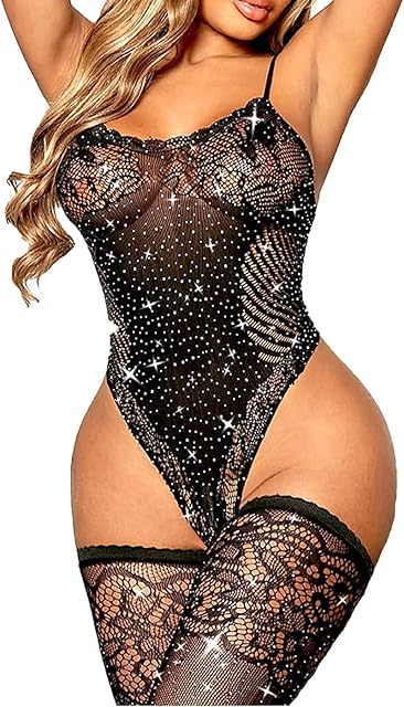 Women Fishnet Bodysuits Mesh Bodystocking Sparkle Rhinestone Bodycon Jumpsuit with Thigh High Stockings