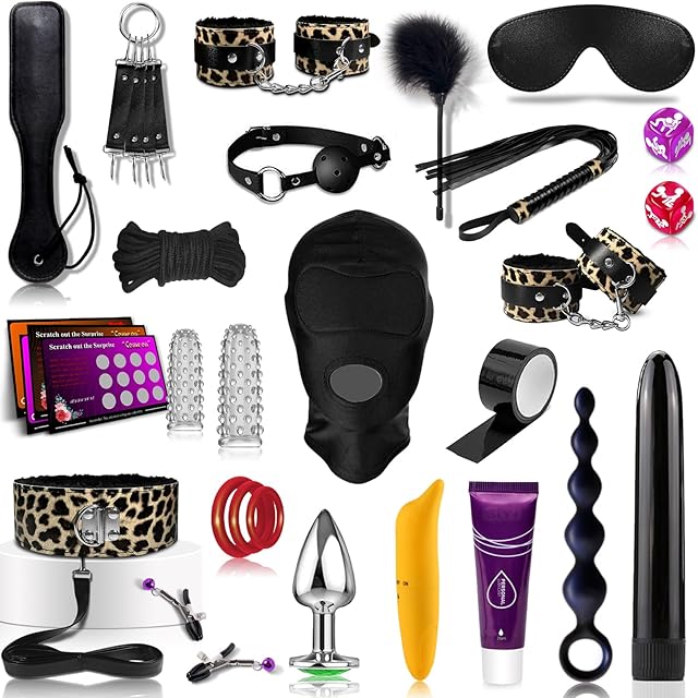 BDSM Kit - Adult Sex Toy Bondage Restraints Set with Paddle Handcuffs Mask and Anal Plug Games Card,Kinky Sex Toys for Couples, BDSM Set