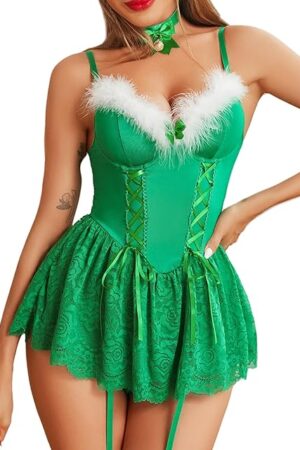 Christmas Lingerie Set Sexy Santa Babydoll Lace Sleepwear Nightie with Garter Belt