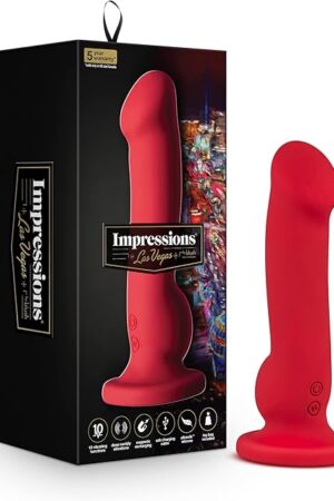 Blush Impressions Las Vegas 8.25" Crimson G-Spot Vibrating Dildo - Puria Silicone Curved Prostate Massager, Suction Cup, Strap-On Cock, RumboTech, Magna Charge, IPX7 - Adult Sex Toy Women, Men - (Red)