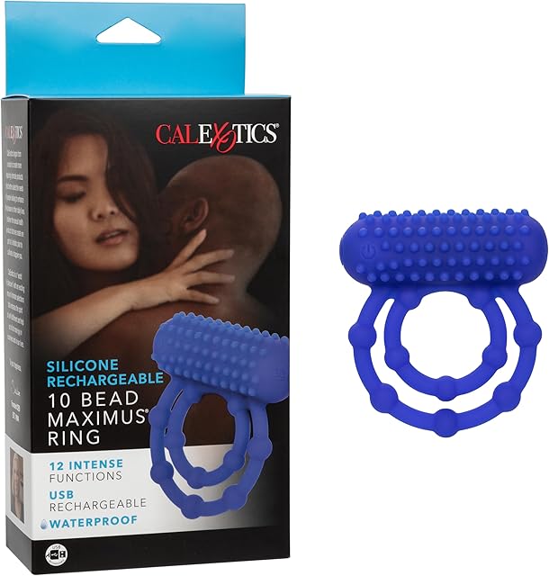 CalExotics Silicone Rechargeable 10 Bead Maximus Ring Rechargeable Beaded Dual Pleasure Ring Waterproof Massager Sex Toy for Couples Purple