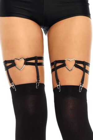 Womens Elastic Thigh High Garter Suspenders, Black Heart, O/S