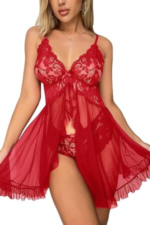 dream love Women Lingerie Lace Babydoll Chemise Ruffle Nightgown Sleepwear S-XXL