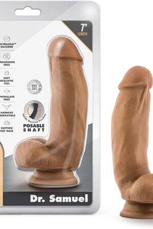 Blush Dr Skin Dr Samuel 7" Realistic Dildo w/Balls, Poseable Silicone Cock, Suction Cup, Harness Play - Anal, G-Spot, Pegging Mocha Penis, Ultrasilk Adult Sex Toy for Women, Men, Couples - (Brown)