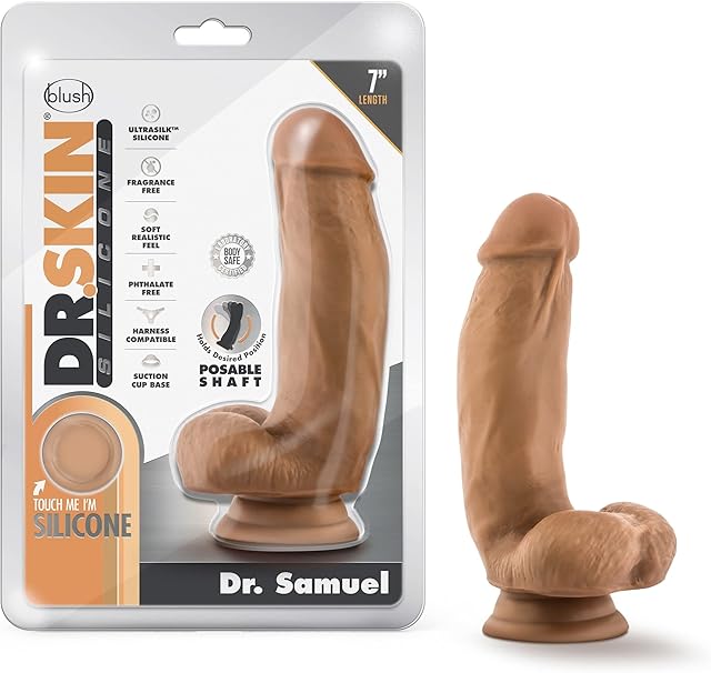 Blush Dr Skin Dr Samuel 7" Realistic Dildo w/Balls, Poseable Silicone Cock, Suction Cup, Harness Play - Anal, G-Spot, Pegging Mocha Penis, Ultrasilk Adult Sex Toy for Women, Men, Couples - (Brown)