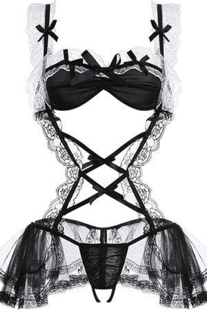 Womens Sexy Maid Outfit Dress Lingerie Dress Bra And Panty Set With Socks See Through Babydoll Lace 3 Pieces Teddy