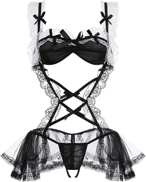 Womens Sexy Maid Outfit Dress Lingerie Dress Bra And Panty Set With Socks See Through Babydoll Lace 3 Pieces Teddy