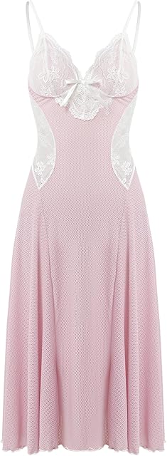 Women's Lingerie Adjustable Spaghetti Strap Sleeveless Lace V Neck Nightgown Sexy Sleepwear Maxi Dress