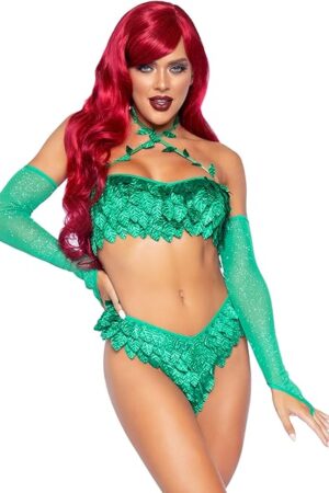 Women's 3 Pc Poison Temptress Costume with Leafy Halter Top & Corset Lace Up Back