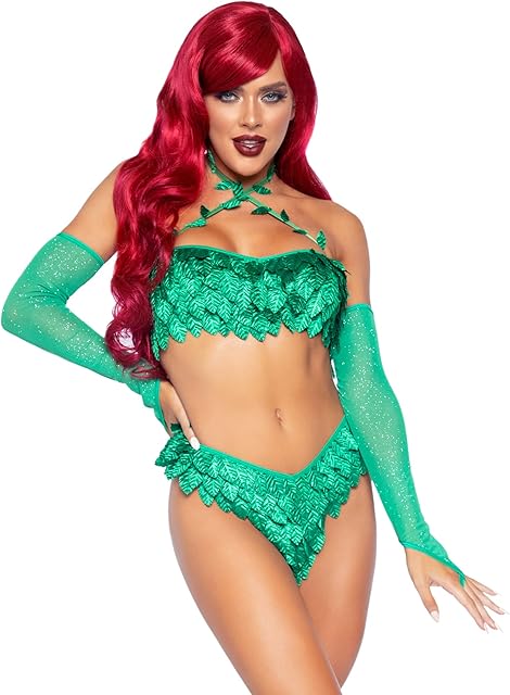 Women's 3 Pc Poison Temptress Costume with Leafy Halter Top & Corset Lace Up Back