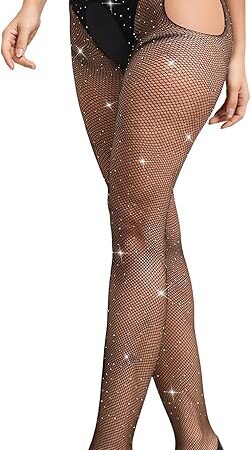 Women Fishnet Stockings Plus Size Sparkly Tights Lace Suspender Pantyhose High Waist Rhinestone Legging
