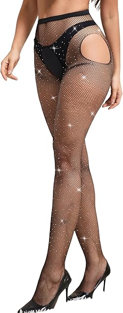 Women Fishnet Stockings Plus Size Sparkly Tights Lace Suspender Pantyhose High Waist Rhinestone Legging
