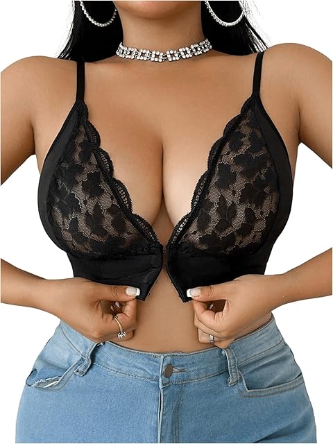 Women's Plus Size Bra Floral Lace Bralettes Sexy Bras Deep V Front Closure Underwear