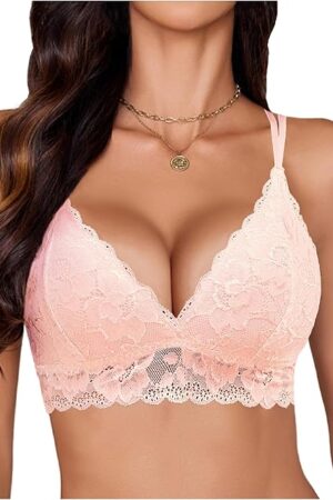 Bras for Women Floral Lace Bralettes Deep V Sexy Bras Cross Back Longline Bralette No Padded