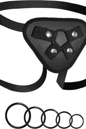 Adjustable Strap On Harness, Wearable Strapon Pegging Dildo Harness for Couples, Adult Sex Toy with 5 Different Sized O-Rings, Suitable for Almost Any Dildo, Fits Waist up to 52 Inches